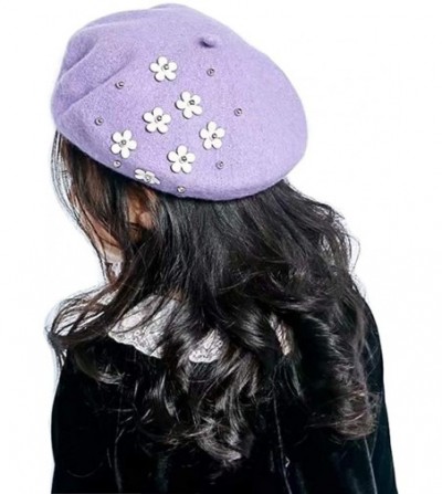 Berets Girls Winter Wool Beret Classic French Style Beanie Princess Dome Hats Caps with Flower - Purple - C618KI0SMQ8