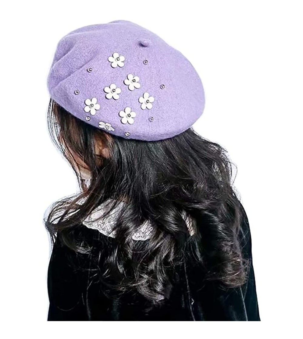 Berets Girls Winter Wool Beret Classic French Style Beanie Princess Dome Hats Caps with Flower - Purple - C618KI0SMQ8