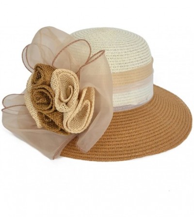 Bucket Hats Women's Straw Cloche Hat Ribbon Flower Bucket Bridal Church Derby Cap - Brown - CS12LT2WESF