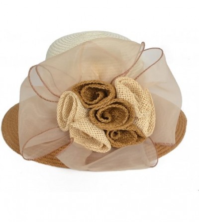 Bucket Hats Women's Straw Cloche Hat Ribbon Flower Bucket Bridal Church Derby Cap - Brown - CS12LT2WESF