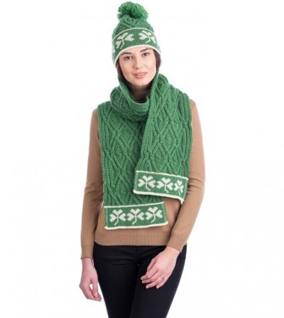 Skullies & Beanies 100% Merino Wool - Irish Shamrock Hat Aran Knit Beanie Pom Pom Style for Women - Green - CY195NKIN00