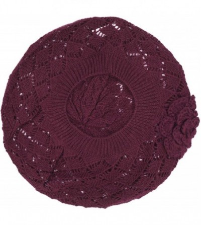 Berets Womens Crochet Flower Beanie Hats Lightweight Cutout Knit Beret Fashion Cap - Burgundy Red Diamond - CW12LCQ82O3