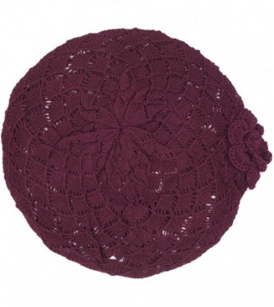 Berets Womens Crochet Flower Beanie Hats Lightweight Cutout Knit Beret Fashion Cap - Burgundy Red Diamond - CW12LCQ82O3