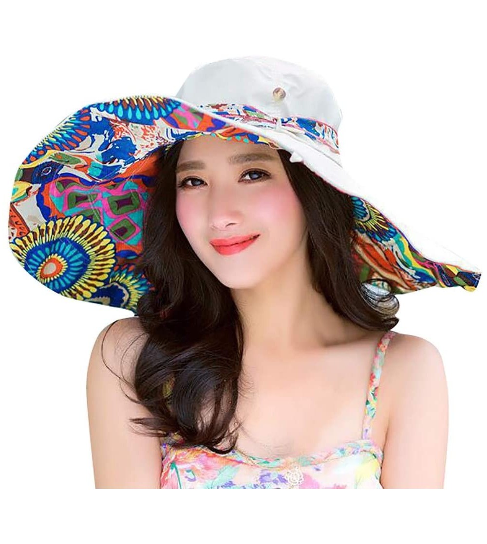 Sun Hats Women Print Two-Side Big Brim Straw Hat Sun Floppy Wide Brim Hats Beach Cap - Beige - CS18NOTQTUU