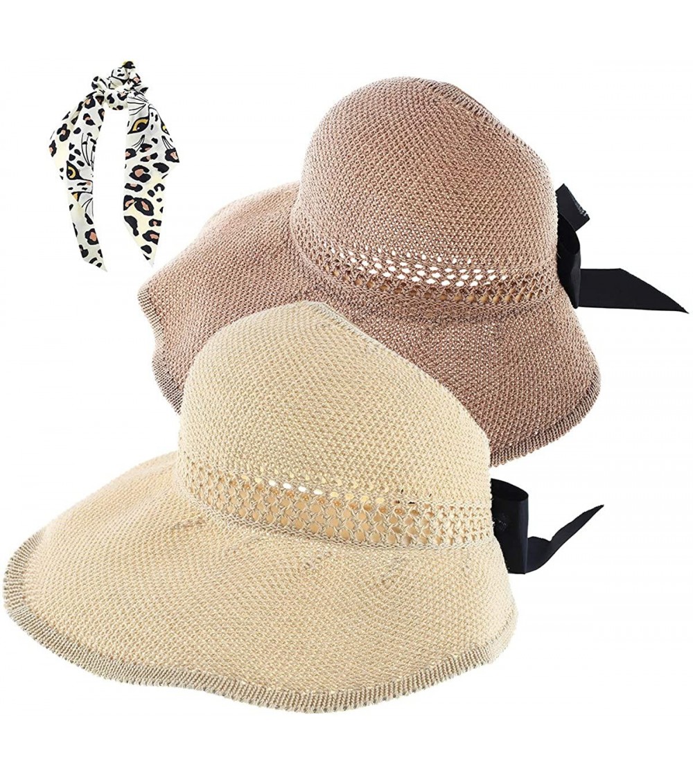 Sun Hats 2 Packs Sun Visor Hats for Women Bowknot Beach Hat Roll Up Summer Straw Sun Hats - Beige+brown - CK1934DOXU5