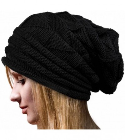 Skullies & Beanies Wool Knit Skullies Beanie Winter Warm Crochet Cap Hat for Women - Black - CA187575SE2