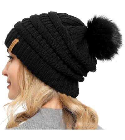 Skullies & Beanies Slouchy Beanie for Women Winter Hats Knit Warm Skull Ski Cap Faux Fur Pom Pom Hat Warm Ski Baggy Cap - C41...