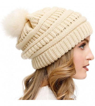 Skullies & Beanies Slouchy Beanie for Women Winter Hats Knit Warm Skull Ski Cap Faux Fur Pom Pom Hat Warm Ski Baggy Cap - C41...
