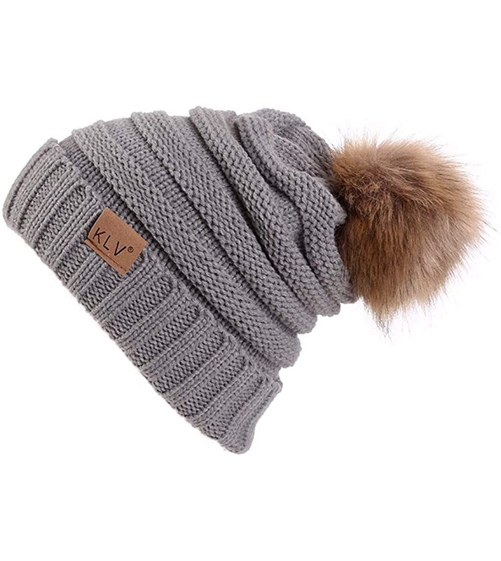 Skullies & Beanies Men Women Baggy Warm Crochet Faux Wool Knit Ski Beanie Skull Slouchy Caps Hat with Faux Fur Pompom - Gray ...