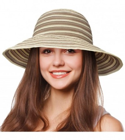 Sun Hats Womens Striped Straw Hat Floppy Beach Hats Foldable Wide Brim Sun Cap for Women - Beige - CD18DD08L9M