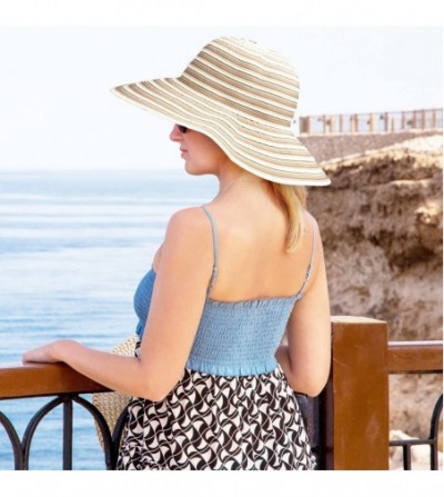 Sun Hats Womens Striped Straw Hat Floppy Beach Hats Foldable Wide Brim Sun Cap for Women - Beige - CD18DD08L9M