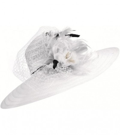 Sun Hats Womens Dress Church Kentucky Derby Wide Brim Feather Wedding Veil Sun Hat A265 - White - CL11WUE2YGJ