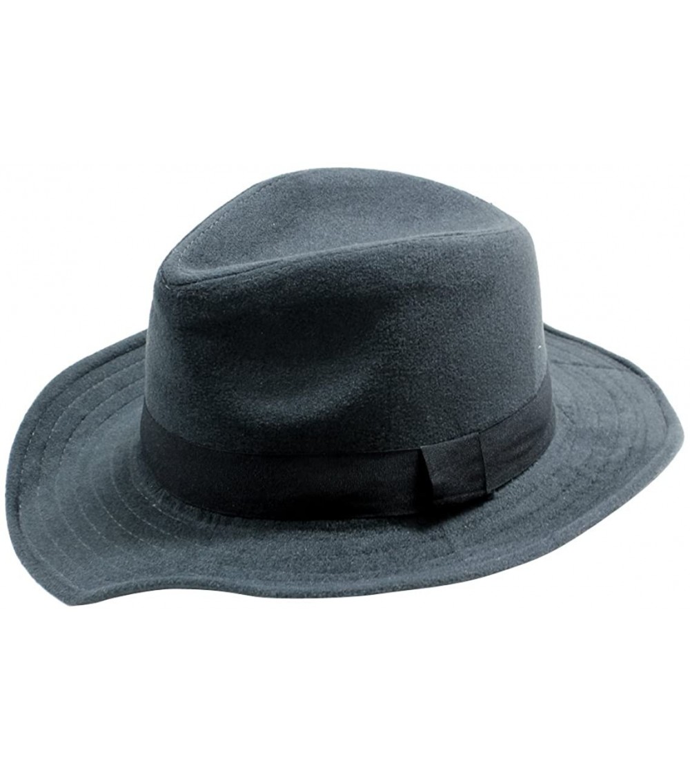 Fedoras Womens Floppy Wool Fedora Felt Hat with Wide Brim Many Styles - Navy Gray Fedora With Ribbon - CG12C7A9VPL