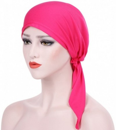 Skullies & Beanies Summer Chemo Scarf Lightweight Silky Beanie Ruffle Cap Cancer Headwear for Womens - Rose Red - CJ18GNXO33Q