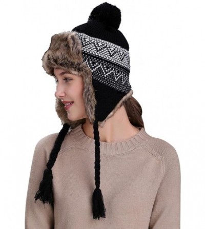 Skullies & Beanies Women Knit Wool Beanie Hat Winter Warm Ski Cap with Ear Flaps - Black - CZ187NQKO84