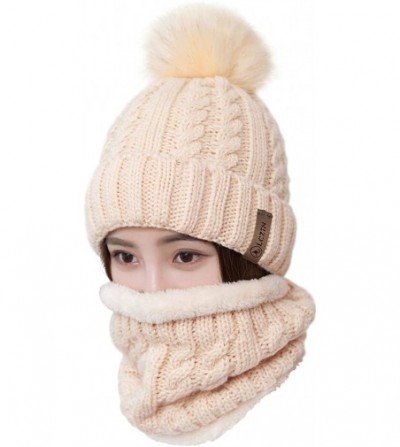 Skullies & Beanies Womens Pom Beanie Hat Scarf Set Girls Cute Winter Ski Hat Slouchy Knit Skull Cap with Fleece Lined - CO18K...