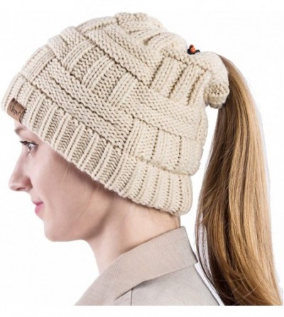 Skullies & Beanies Womens High Messy Bun Beanie Hat with Ponytail Hole- Winter Warm Trendy Knit Ski Skull Cap - Beige - C118X...