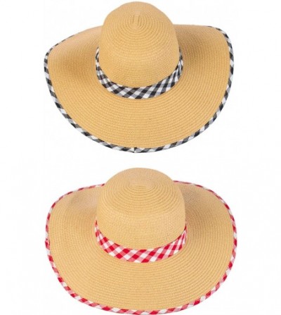 Sun Hats Womens Fabric Patterned Print Brim Adjustable Beach Floppy Sun Hat - 2 Pack - Gingham Black & Red - CJ18SEYXI85