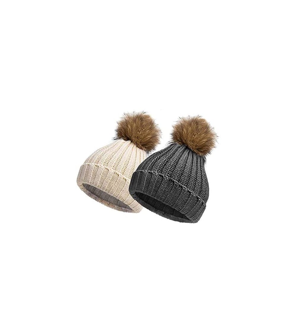 Skullies & Beanies Women Pom Pom Hat Winter Warm Knit Pom Beanie Hats - 2 Pack - Khaki & Dark Gray - C518I4I5AK8