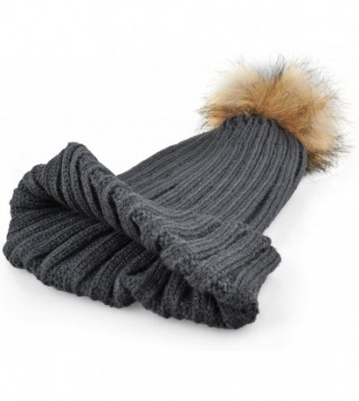 Skullies & Beanies Women Pom Pom Hat Winter Warm Knit Pom Beanie Hats - 2 Pack - Khaki & Dark Gray - C518I4I5AK8