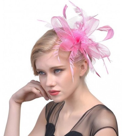 Berets Women's Fascinator Hat Flower Bead Pillbox Hat Bowler Feather Flower Hair Clip Wedding Party Hat - Pink - CI18EEGZ5IE