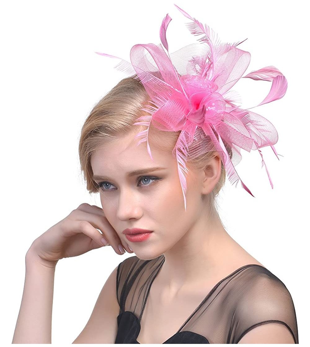 Berets Women's Fascinator Hat Flower Bead Pillbox Hat Bowler Feather Flower Hair Clip Wedding Party Hat - Pink - CI18EEGZ5IE