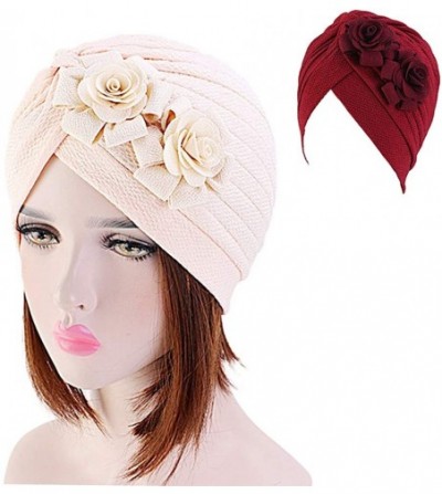 Skullies & Beanies Women's Headscarf Hat Chemo Headwear Solid Flower Thread Cancer Cap Headband Fashion Cap - Cream+red - C21...