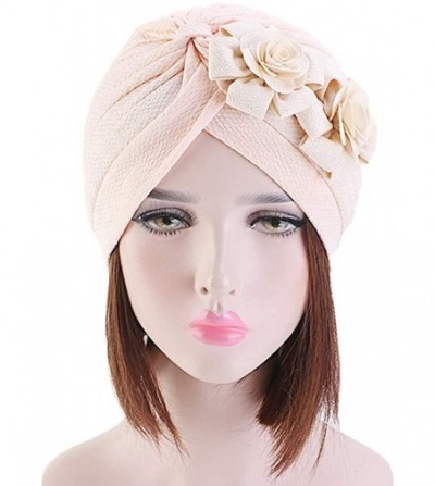 Skullies & Beanies Women's Headscarf Hat Chemo Headwear Solid Flower Thread Cancer Cap Headband Fashion Cap - Cream+red - C21...