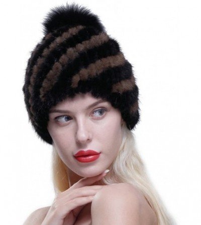 Skullies & Beanies Women Winter Hat Knit Mink Fur Beanie Cap with Fox Pom Pom Multicolor - Black & Coffee - C712N0F20Y0