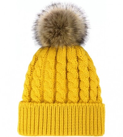 Skullies & Beanies Women's Winter Soft Knit Beanie Hat with Faux Fur Pom Pom - Fleece Lined_yellow - CU18SCW58ZU