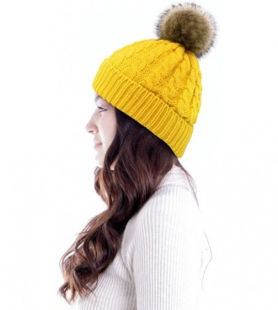 Skullies & Beanies Women's Winter Soft Knit Beanie Hat with Faux Fur Pom Pom - Fleece Lined_yellow - CU18SCW58ZU