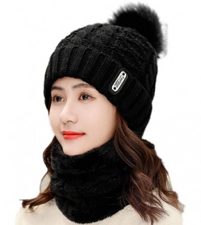 Skullies & Beanies Womens Winter Beanie Hat Scarf Set Warm Fuzzy Knit Hat Neck Scarves - D-black - CY18ZKZ7QSL