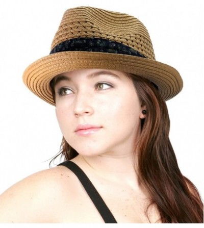 Fedoras Solid Color Straw Woven Paisley Band Vented Unisex Fedora Hat - Brown - CC11Y7EKV5B