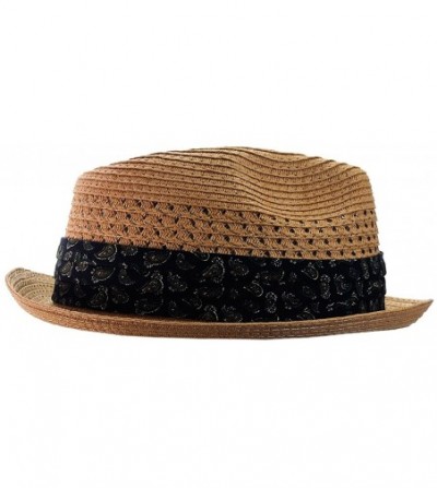 Fedoras Solid Color Straw Woven Paisley Band Vented Unisex Fedora Hat - Brown - CC11Y7EKV5B