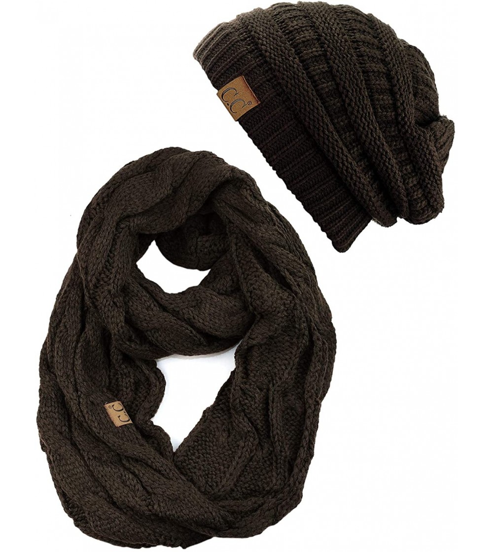 Skullies & Beanies Unisex Soft Stretch Chunky Cable Knit Beanie and Infinity Loop Scarf Set - Brown - C718KI05EW4