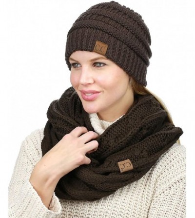 Skullies & Beanies Unisex Soft Stretch Chunky Cable Knit Beanie and Infinity Loop Scarf Set - Brown - C718KI05EW4