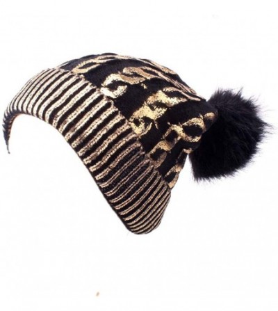 Skullies & Beanies Pom Hat Women Metallic Shiny Chunky Beanie Winter Ski Hat - Silver Cable Knit - CM18X5XL8ZH