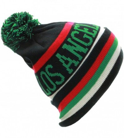 Skullies & Beanies Los Angeles California Winter Cuff Beanie Knit Pom Pom Hat Cap - Black Green - CC11P5E498R