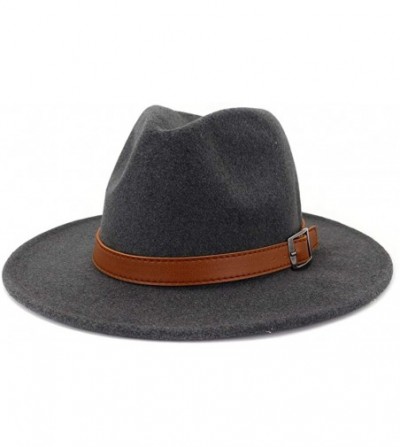 Fedoras Women Wide Brim Wool Fedora Panama Hat with Belt Buckle - X-dark Gray - C318XS9KY0O