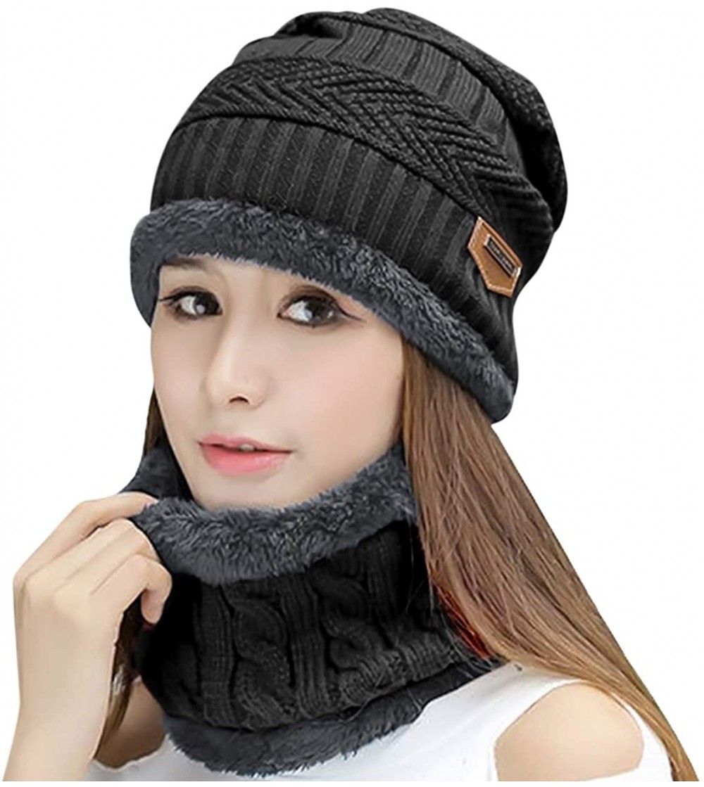 Skullies & Beanies Womens Beanie Winter Hat Scarf Set Slouchy Warm Snow Knit Skull Cap - Beanie + Scarf (Black) - C8184WMWEQ2