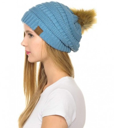 Skullies & Beanies Hat-43 Thick Warm Cap Hat Skully Faux Fur Pom Pom Cable Knit Beanie - Denim - CR18X5NI70W