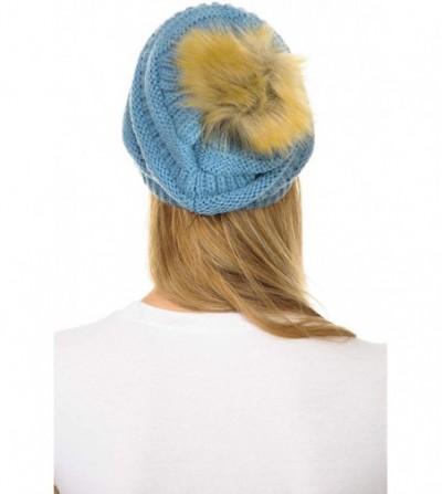 Skullies & Beanies Hat-43 Thick Warm Cap Hat Skully Faux Fur Pom Pom Cable Knit Beanie - Denim - CR18X5NI70W