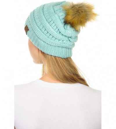 Skullies & Beanies Hat-43 Thick Warm Cap Hat Skully Faux Fur Pom Pom Cable Knit Beanie - Mint - CK18X9YRXAN