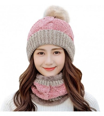 Skullies & Beanies Womens Winter Beanie Hat Scarf Set Warm Fuzzy Knit Hat Neck Scarves - A-pink - CC18ZDOSS08