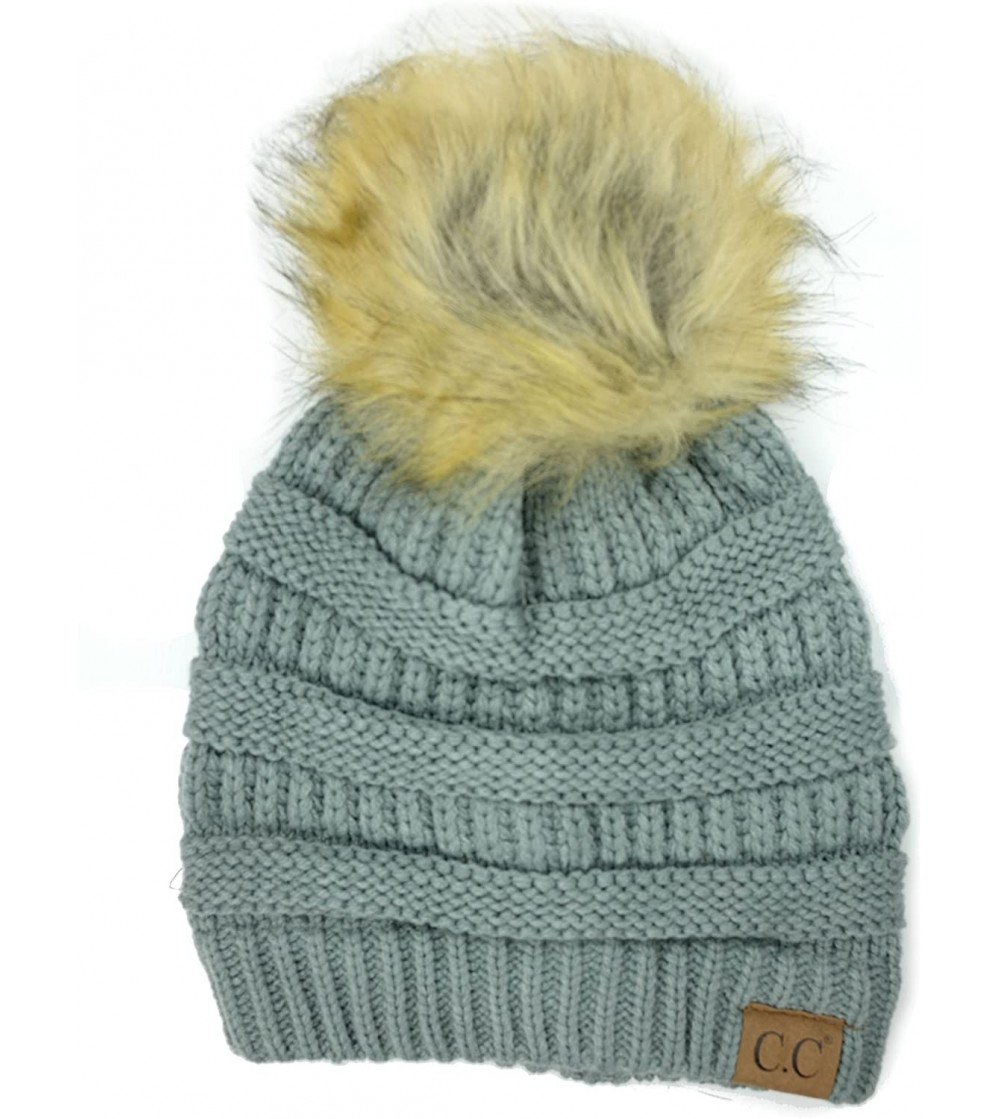 Skullies & Beanies Soft Stretch Cable Knit Ribbed Faux Fur Pom Pom Beanie Hat - Natural Grey - CX12LLP15Z3