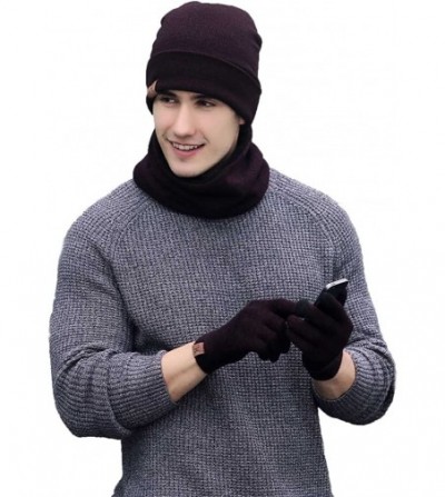 Skullies & Beanies 3 PCS Winter Beanie Hat Scarf Gloves Set- Knitted Hat Scarf Touch Screen Gloves for Men Women - Wine Red -...