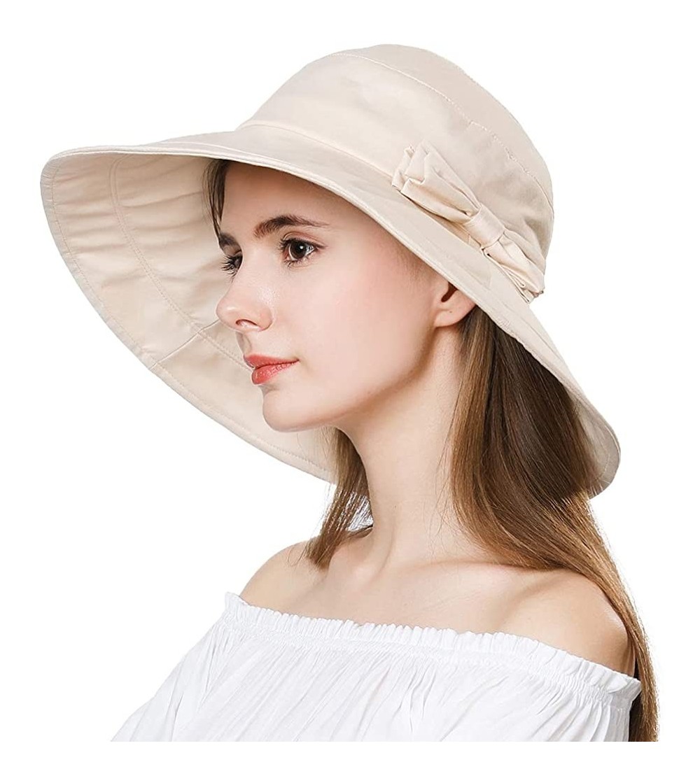 Sun Hats Womens UPF50 Cotton Packable Sun Hats w/Chin Cord Wide Brim Stylish 54-60CM - 69038_beige - CH196AEI46R