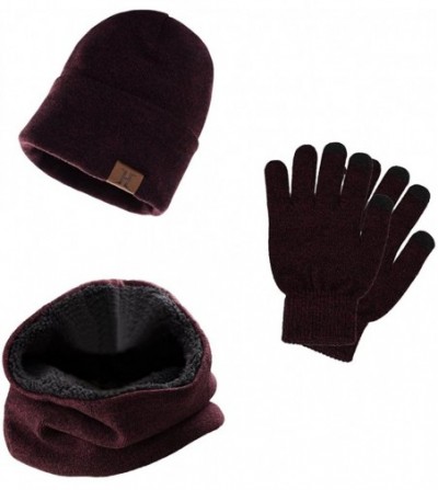 Skullies & Beanies 3 PCS Winter Beanie Hat Scarf Gloves Set- Knitted Hat Scarf Touch Screen Gloves for Men Women - Wine Red -...