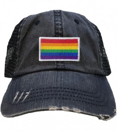 Baseball Caps Adult Rainbow Gay & Lesbian Pride Flag Embroidered Distressed Trucker Cap - Navy/ Navy - CU180RGOQOC