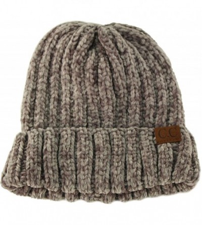 Skullies & Beanies Winter Soft Chenille Chunky Knit Stretchy Warm Ribbed Beanie Hat Cap - Lt. Melange Gray - CQ18I6QMQLG